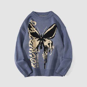 Blue Butterfly & Letters Graffiti Print Knit Sweater L